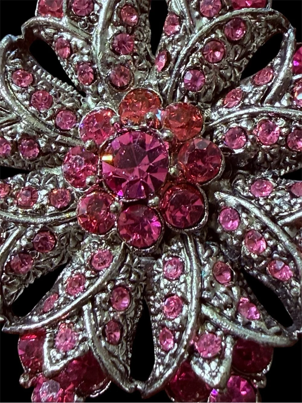 Vintage Silver Pink Rhinestone Floral Starburst Brooch Flower Pin 2